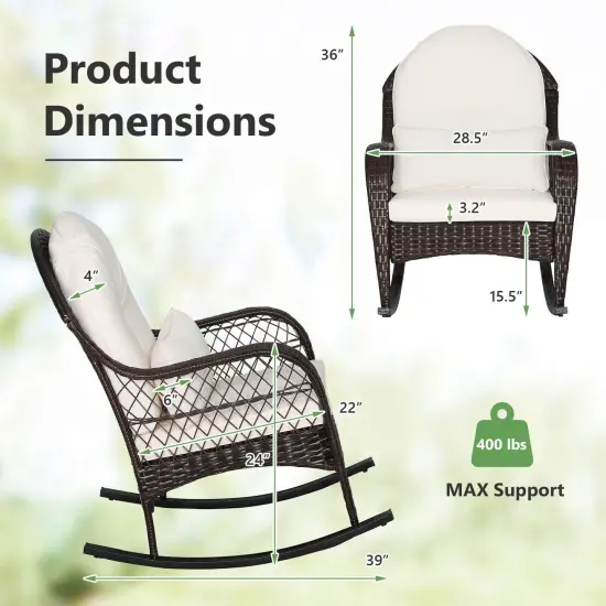 Patio Rattan Rocking Chair with Seat Back Cushions and Waist Pillow White {5}