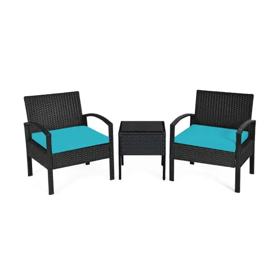 3 Pieces Outdoor Rattan Patio Conversation Set with Seat Cushions Turquoise {1}