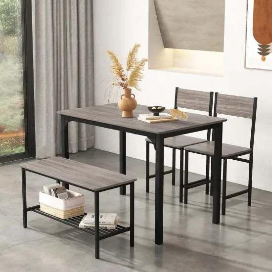 4 Pieces Rustic Dining Table Set with 2 Chairs and Bench Grey {1}