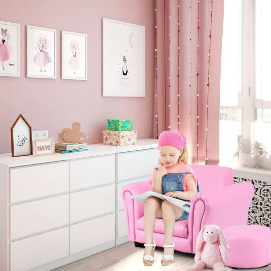 Kids Single Armrest Couch Sofa with Ottoman Pink {3}