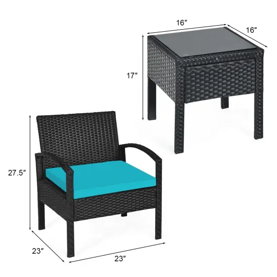 3 Pieces Outdoor Rattan Patio Conversation Set with Seat Cushions Turquoise {5}