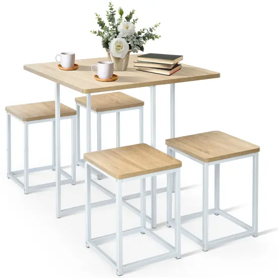 5 Pieces Metal Frame Dining Set with Compact Dining Table and 4 Stools Natural -White {3}