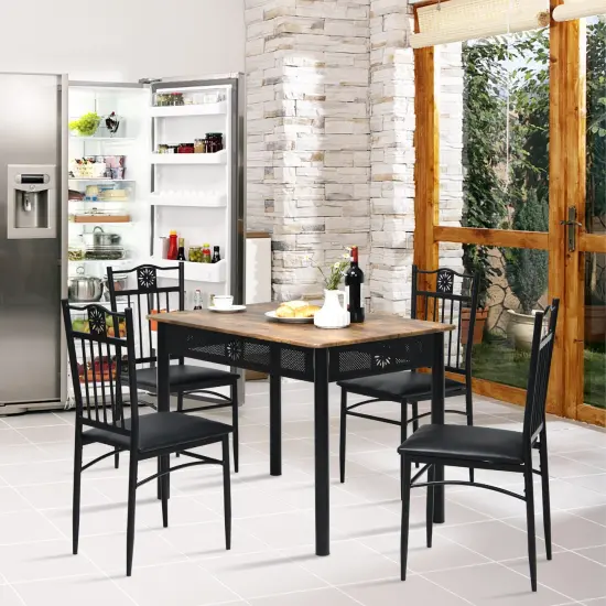 5 Pieces Dining Set Wood Metal Table and 4 Chairs with Cushions Black {6}