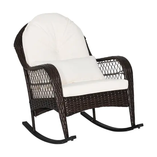 Patio Rattan Rocking Chair with Seat Back Cushions and Waist Pillow White {3}
