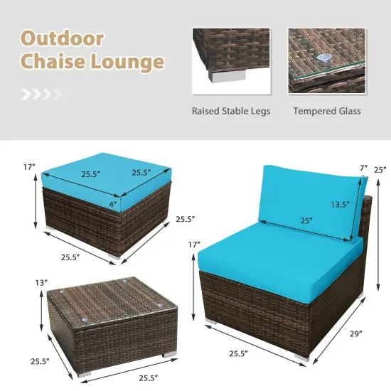 5 Pieces Patio Rattan Furniture Set With Cushioned Armless Sofa Turquoise {5}