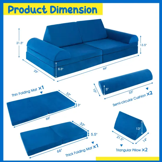 8 Pieces Convertible Kids Sofa Playset with Zipper Blue {5}