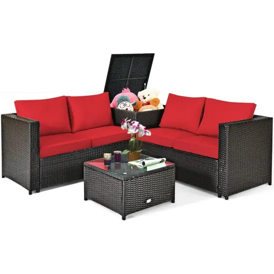 4 Pcs Outdoor Patio Rattan Furniture Set with Cushioned Loveseat and Storage Box Red {4}