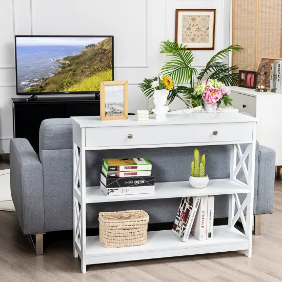Console Table 3-Tier with Drawer and Storage Shelves White {6}