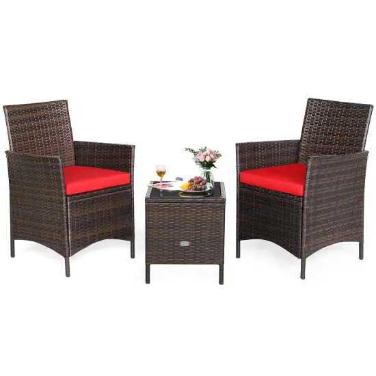 3 Pieces Patio Rattan Furniture Set Cushioned Sofa and Glass Tabletop Deck Red {3}