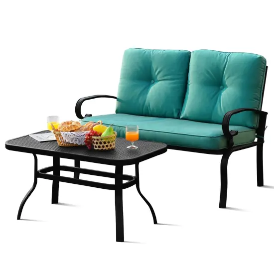 2 Pieces Patio Loveseat Bench Table Furniture Set with Cushioned Chair Turquoise {3}