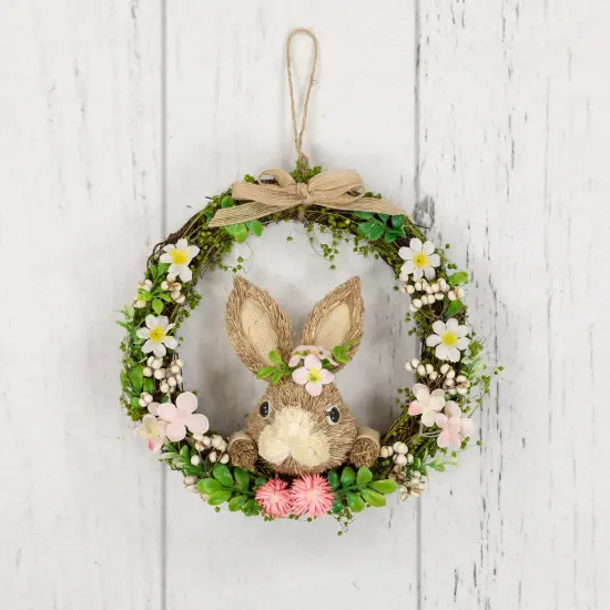 Northlight Spring Floral Easter Wreath with Peering Rabbit - 11" - Green and Pink Brown {7}