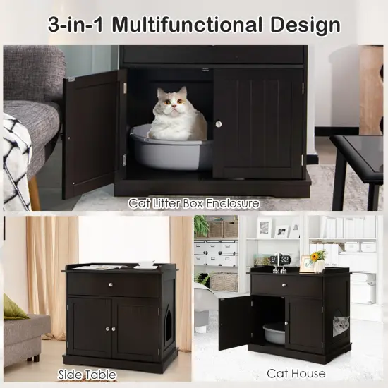 Wooden Cat Litter Box Enclosure with Drawer Side Table Furniture Brown {2}