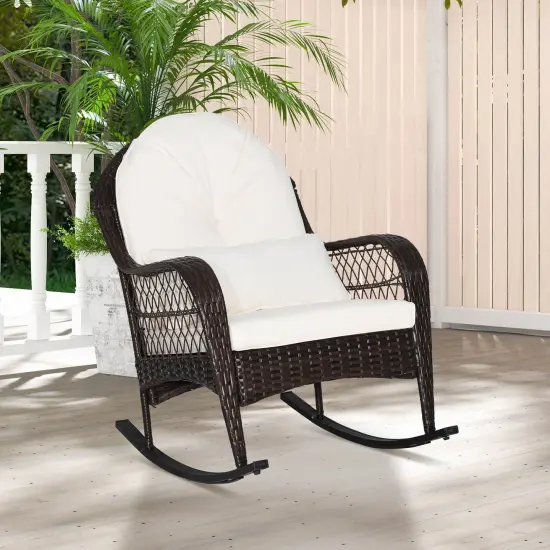 Patio Rattan Rocking Chair with Seat Back Cushions and Waist Pillow White {1}