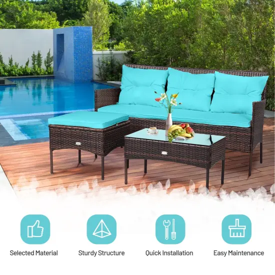 3 Pieces Patio Furniture Sectional Set with 5 Cozy Seat and Back Cushions Turquoise {2}