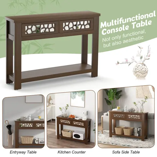 2-Tier Console Table with Drawers and Open Storage Shelf Brown {5}