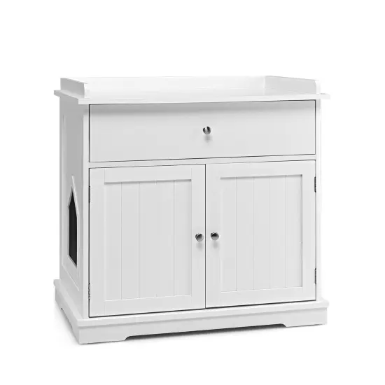 Wooden Cat Litter Box Enclosure with Drawer Side Table Furniture White {3}