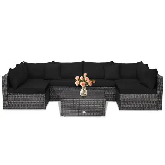7 Pieces Patio Rattan Furniture Set with Sectional Sofa Cushioned-Black {4}