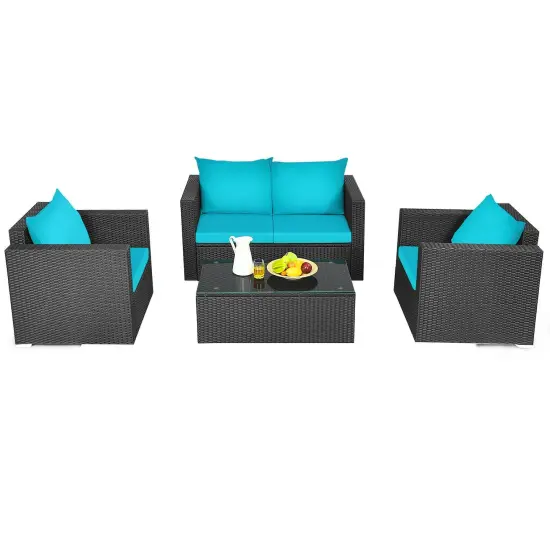 4Pcs Patio Rattan Cushioned Furniture Set Turquoise {4}