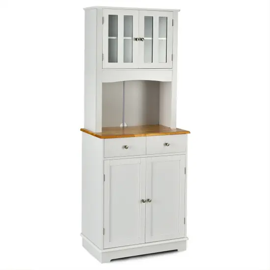 Kitchen Pantry Cabinet with Wood Top and Hutch-White {1}