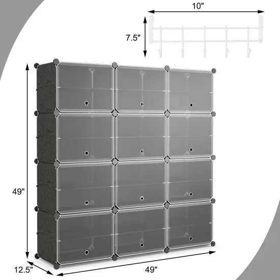 12-Cube 48 Pairs Portable Shoe Shelves with Hook-Black {5}