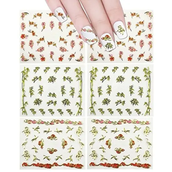 Wrapables Nail Art Self-Adhesive Nail Stickers 3D Nail Decals - Asian Inspired Cherry Blossoms, Bamboos & Cranes (3pk) {1}
