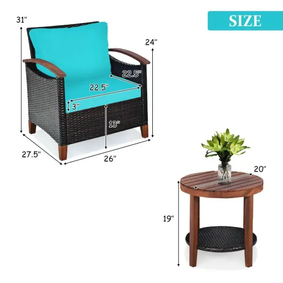 3 pcs Solid Wood Frame Patio Rattan Furniture Set Turquoise {4}
