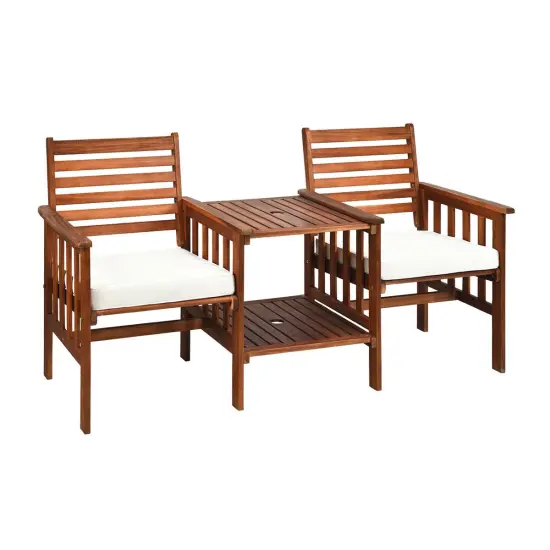 3 pcs Outdoor Patio Table Chairs Set Acacia Wood Loveseat White {1}