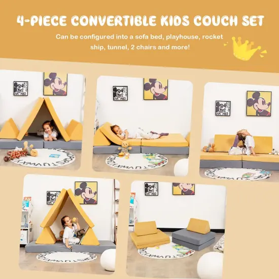 4-Piece Convertible Kids Couch Set with 2 Folding Mats Yellow {5}