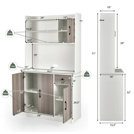 4-Door 71 Inch Kitchen Buffet Pantry Storage Cabinet with Hutch Adjustable Shelf White {5}