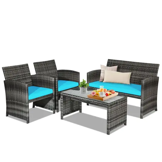 4 Pieces Patio Rattan Furniture Set with Glass Table and Loveseat Turquoise {1}