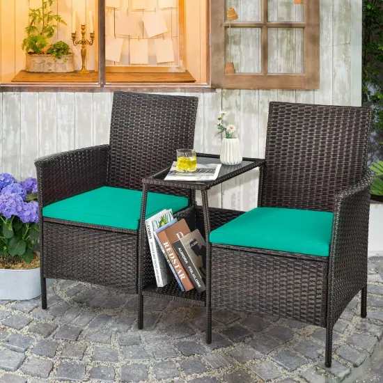 Patio Rattan Wicker Conversation Set Sofa Cushioned Loveseat Glass Table Turquoise {2}
