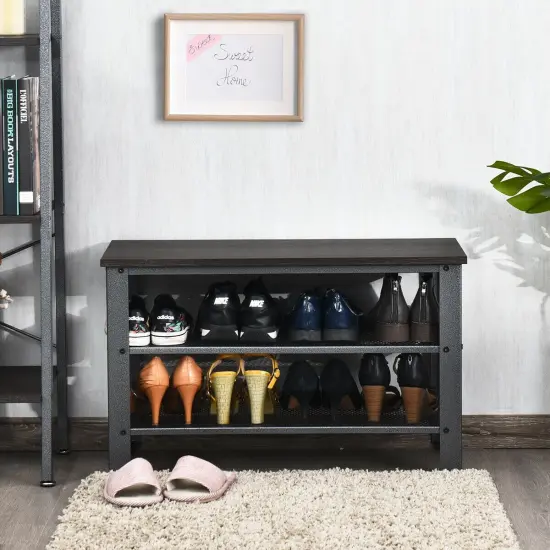 3-Tier Shoe Rack Industrial Shoe Bench with Storage Shelves Black {3}