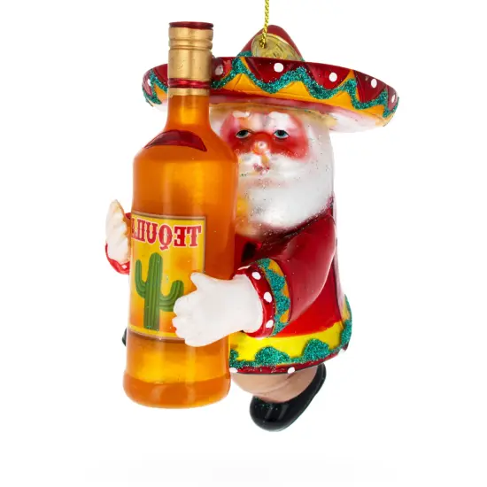 Santa Clutching Tequila Bottle Glass Christmas Ornament {3}