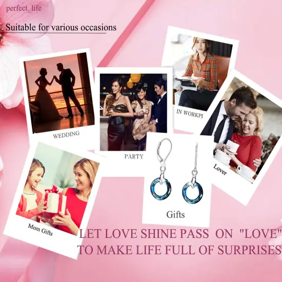 925 Sterling Silver Circle Earrings Austrian Crystal Leverback Earrings Jewelry Dangle Drop Earrings for Women (Bermuda Blue Crystal Earrings) {4}