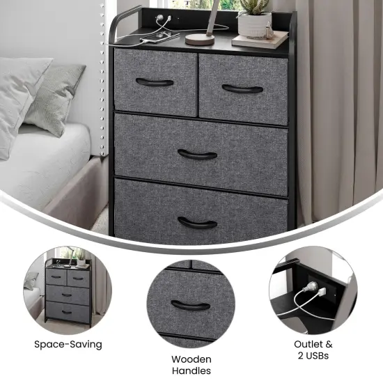 Emma and Oliver Hermes Nightstand with 4 Fabric Drawers, Charging Station with 2 USB Ports/Power Outlet, Engineered Wood Top, Wood Handles, Metal Frame Charcoal/Black {4}