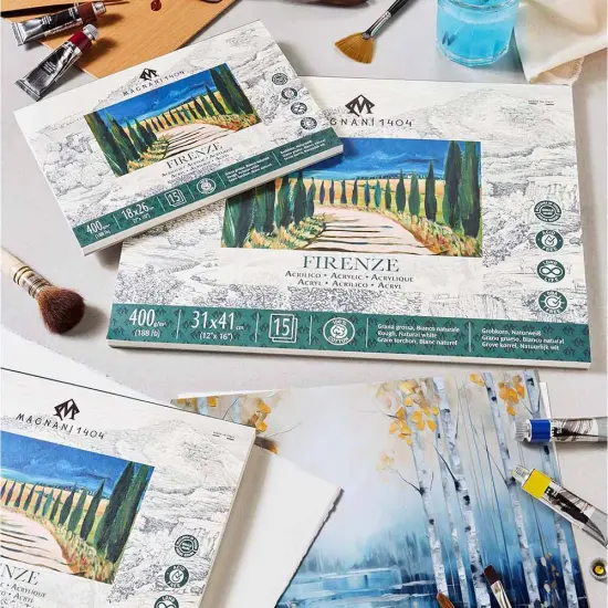 Magnani 1404 Firenze 100% Cotton Acrylic Paint Paper Pad, 188 lb. 15 Heavyweight Sheets, Rough Texture, Vegan Sizing, Natural White Acrylic Paper Pad for Acrylic, Gouache, Ink & Watercolor {7}