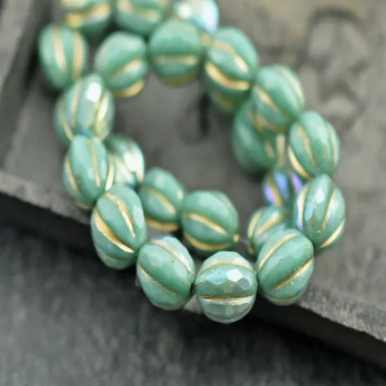*12* 10mm Gold Washed Turquoise AB Faceted Round Melon Beads {3}