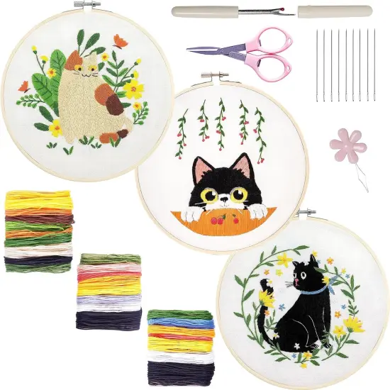 Embroidery Kit for Beginners, 3 Sets Embroidery Kit for Craft Lover Handy Stitch with Embroidery Fabric with Pattern,Full Range Accessories (Cats) Skill Practice {2}