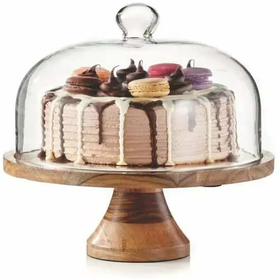 Wood Cake Stand with Glass Dome: Transformable to Cheese Board - Multi-function {1}