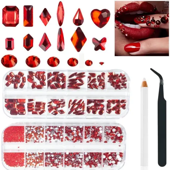 2680 Pieces 3D Red Nail Rhinestones, 120 Pieces Big Red Glass Crystal Nail Gems Stones Charms Stones with Bling Diamond Flatback Round Beads, Clear Charm Jewelry for DIY Face Craft Decoration {2}