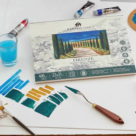 Magnani 1404 Firenze 100% Cotton Acrylic Paint Paper Pad, 188 lb. 15 Heavyweight Sheets, Rough Texture, Vegan Sizing, Natural White Acrylic Paper Pad for Acrylic, Gouache, Ink & Watercolor {6}