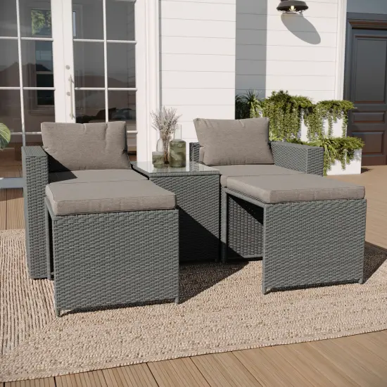 Merrick Lane Canzo Woven Rattan Modular Sofa Set for Indoor/Outdoor Use with Loveseat, Ottomans, and Tempered Glass Table GrayFabric/GrayFrame {3}