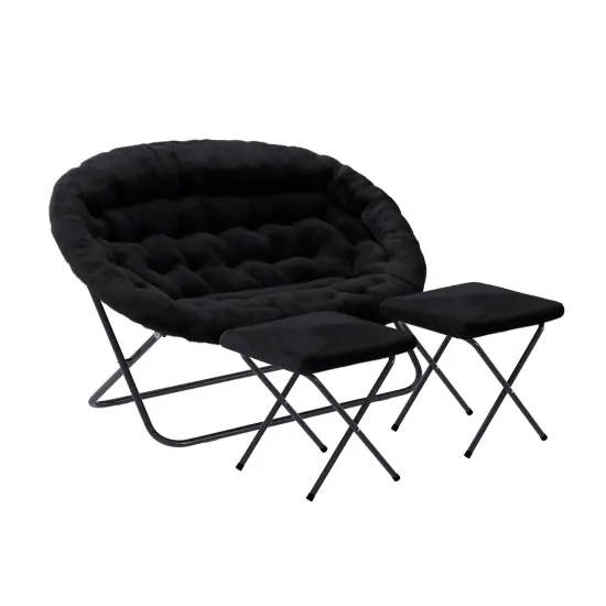 Emma and Oliver Janey Folding Double Saucer Chair with 2 Ottomans and Steel Frame for Dorm or Bedroom IvoryFabric/SoftGold {8}