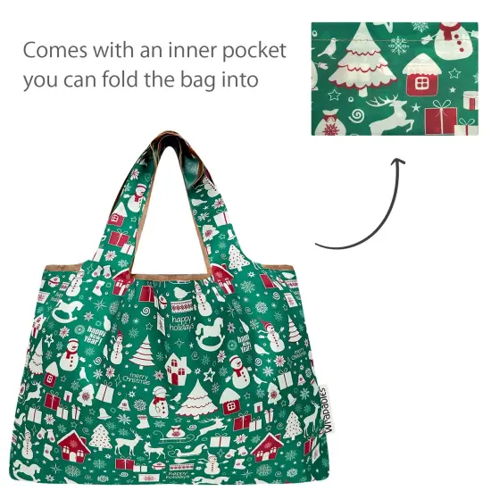 Wrapables Large & Small Foldable Tote Nylon Reusable Grocery Bags, Set of 2, Christmas Green {5}