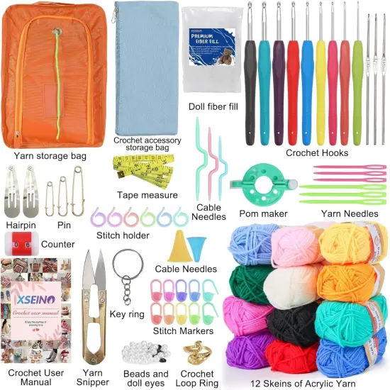 Crochet Kit with Step-By-Step Video Tutorials，Premium Bundle Includes 12 Roll X50Yard Acrylic Yarn Balls, 12 Crochet Hooks, Crochet Bag and All Accessories Kit, Crochet Kit for Beginners Beginner Yarn {3}