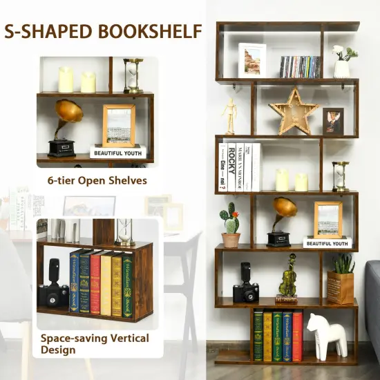 Costway 6 Tier S-Shaped Bookshelf Storage Display Bookcase Decor Z-Shelf {12}