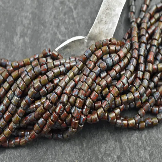 6/0 Aged Dark Red Picasso Bugle Tube Seed Bead Mix (21" Strand) {2}