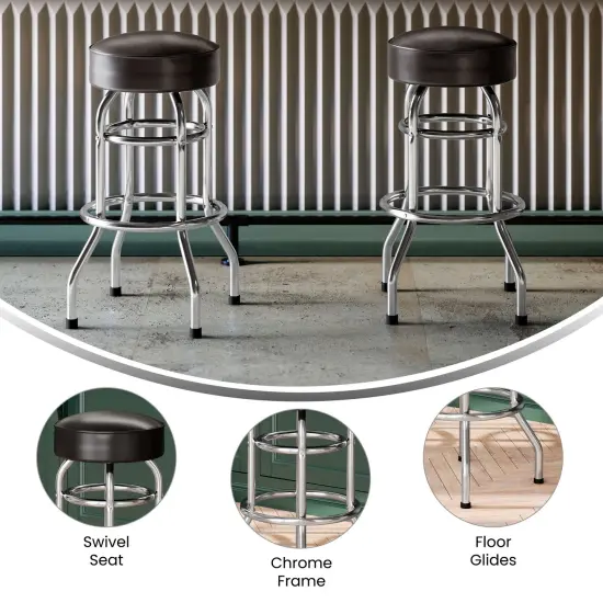 Emma and Oliver Retro Backless Double Ring Chrome Restaurant Dining Barstool Dark Brown {4}