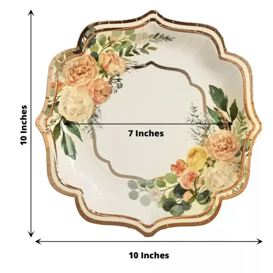 25 WHITE 10" Floral Paper Salad DINNER PLATES ROSE GOLD Scallop Rim Party Events {5}