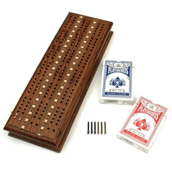 WE Games 3 Track Sprint Cabinet Cribbage Set with Metal Pegs & 2 Card Decks {9}